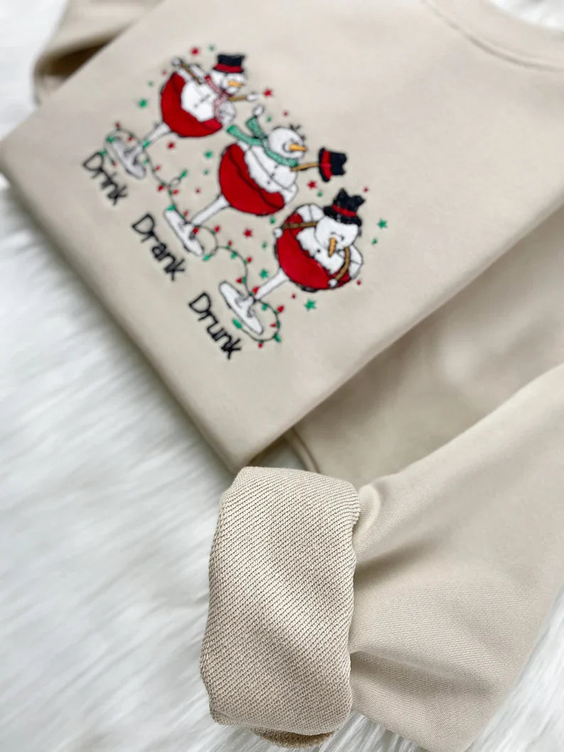 Embroidered Funny Drink Drank Drunk Christmas Snowman Sweatshirt